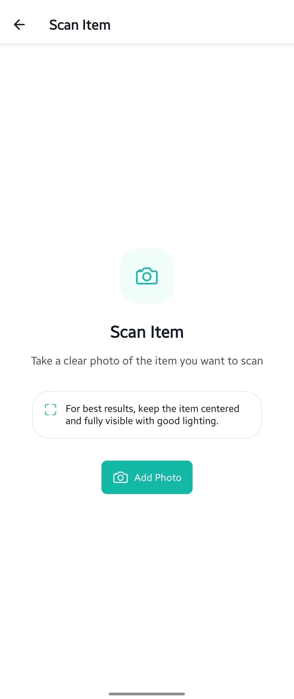 Evermind AI Scan screen for adding an item from a clear photo