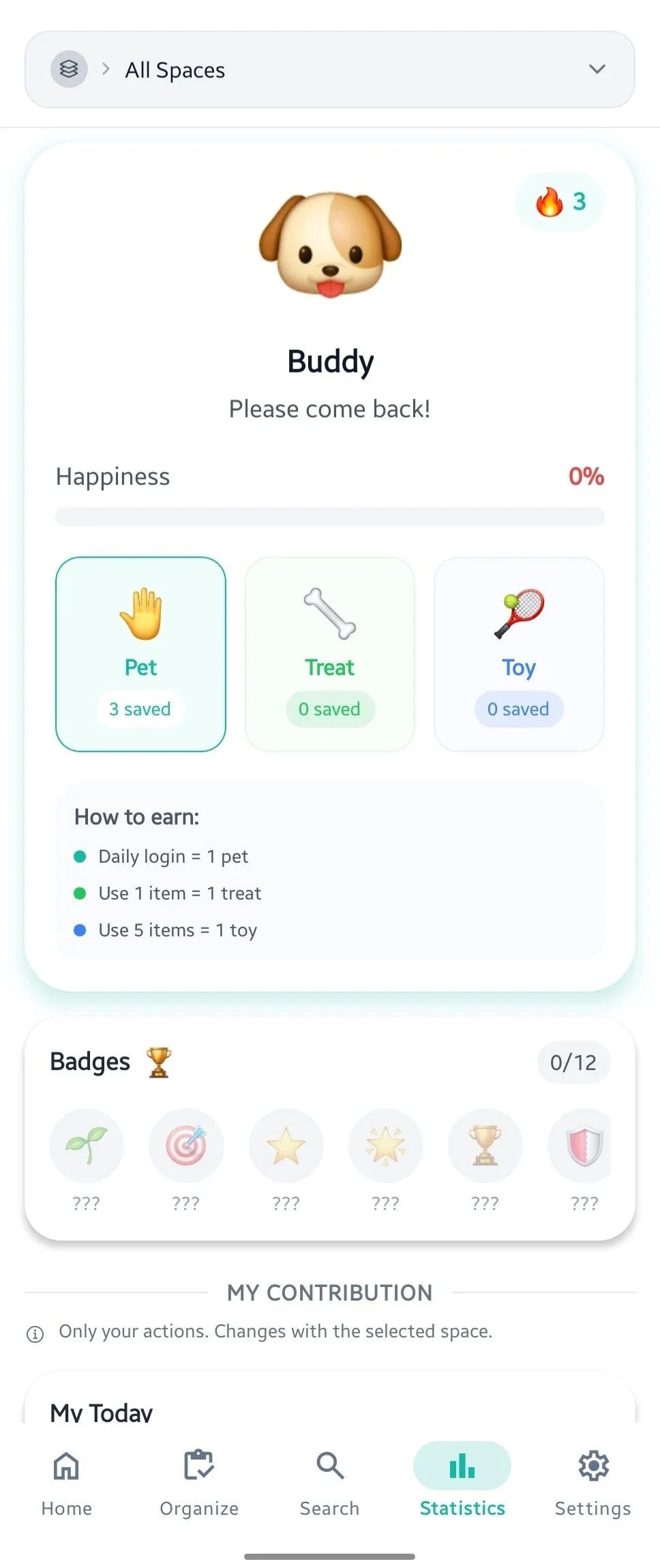 Evermind Buddy screen showing happiness, rewards, badges, and contribution progress