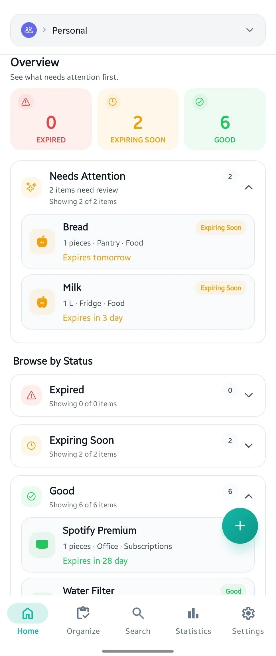 Evermind Home screen showing expiry status totals and items that need attention