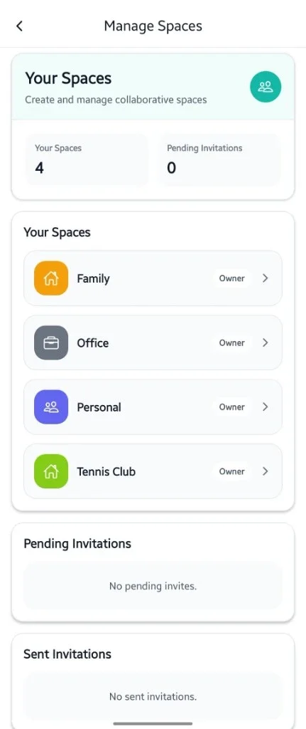 Evermind Manage Spaces screen showing shared spaces, ownership, and invitation status