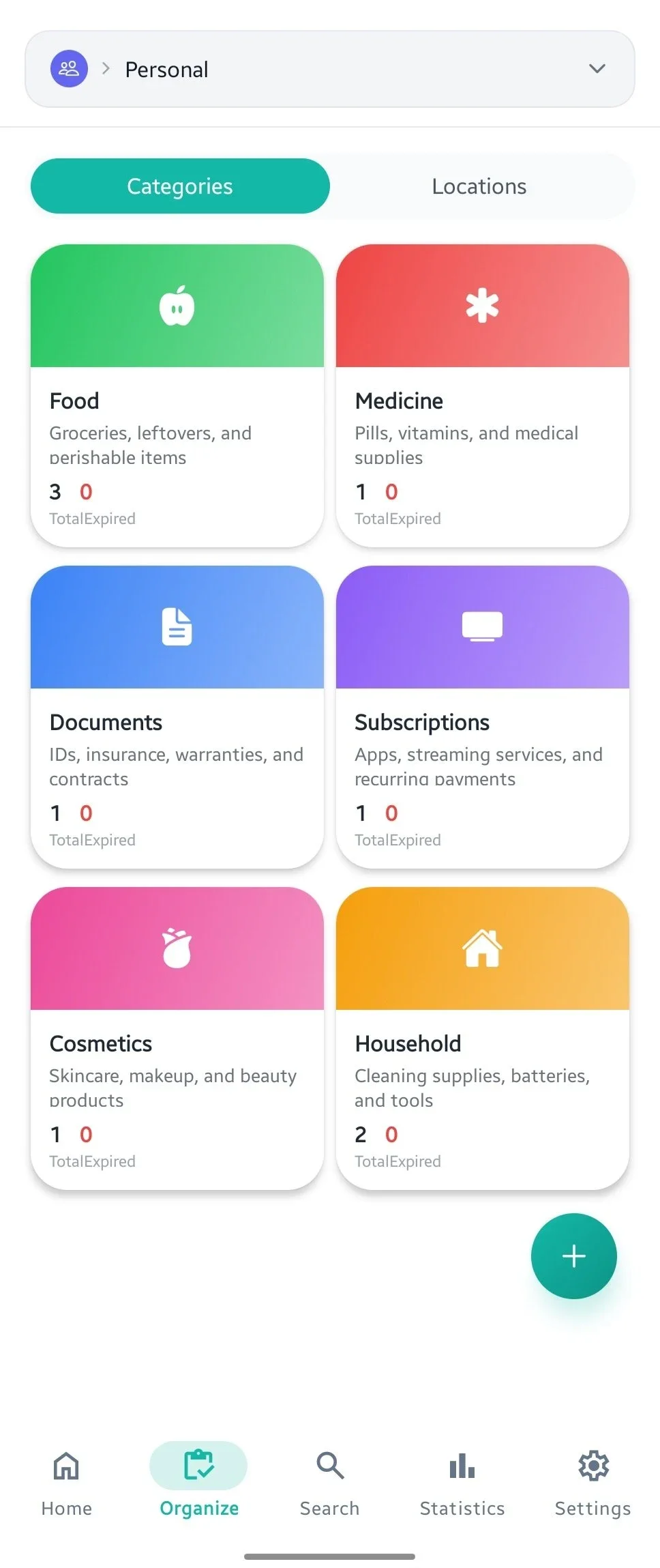 Evermind Organize screen showing items grouped into colorful category cards with a location view option